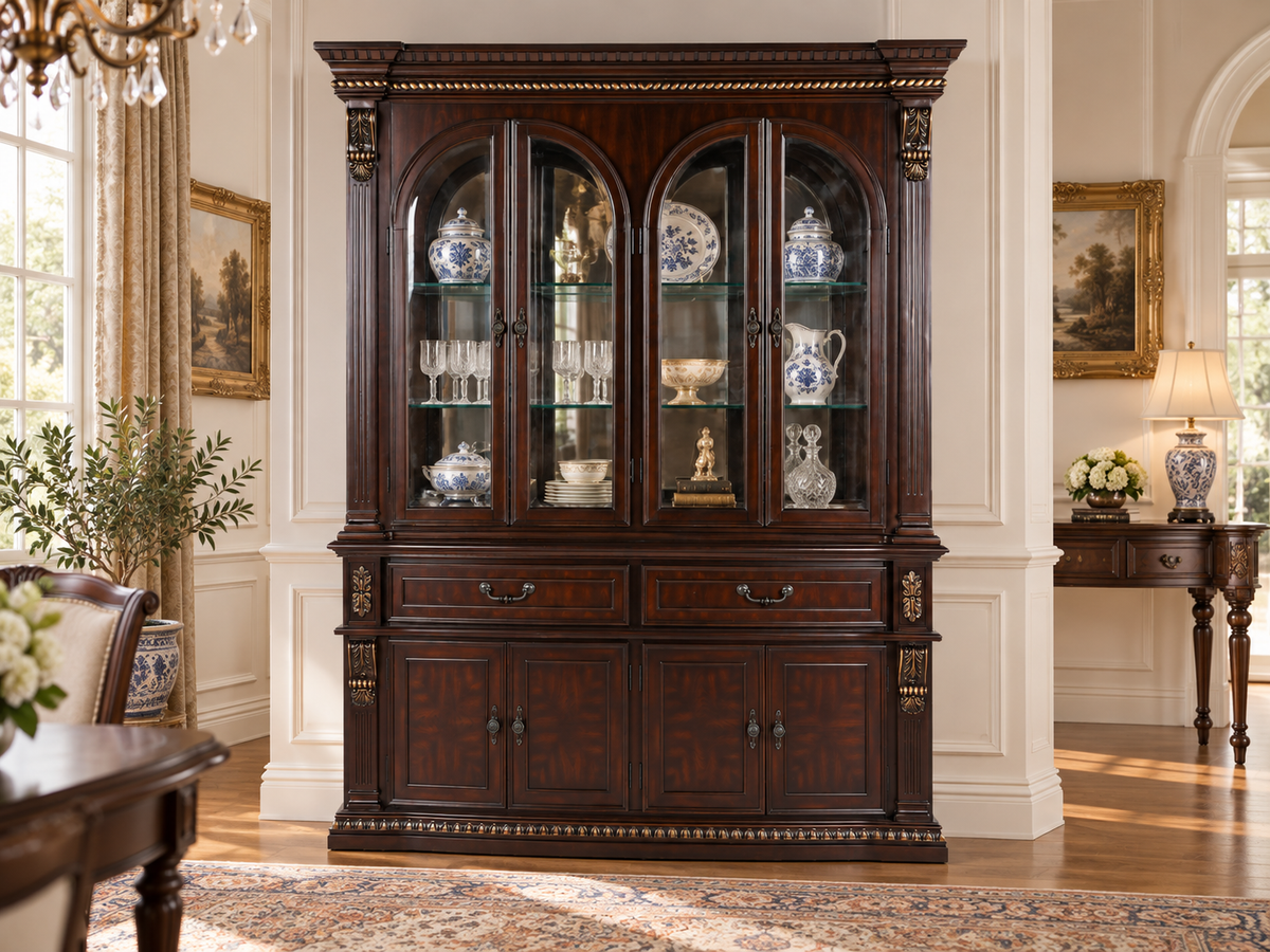 Traditional Dark Cherry Buffet & Hutch China Cabinet
