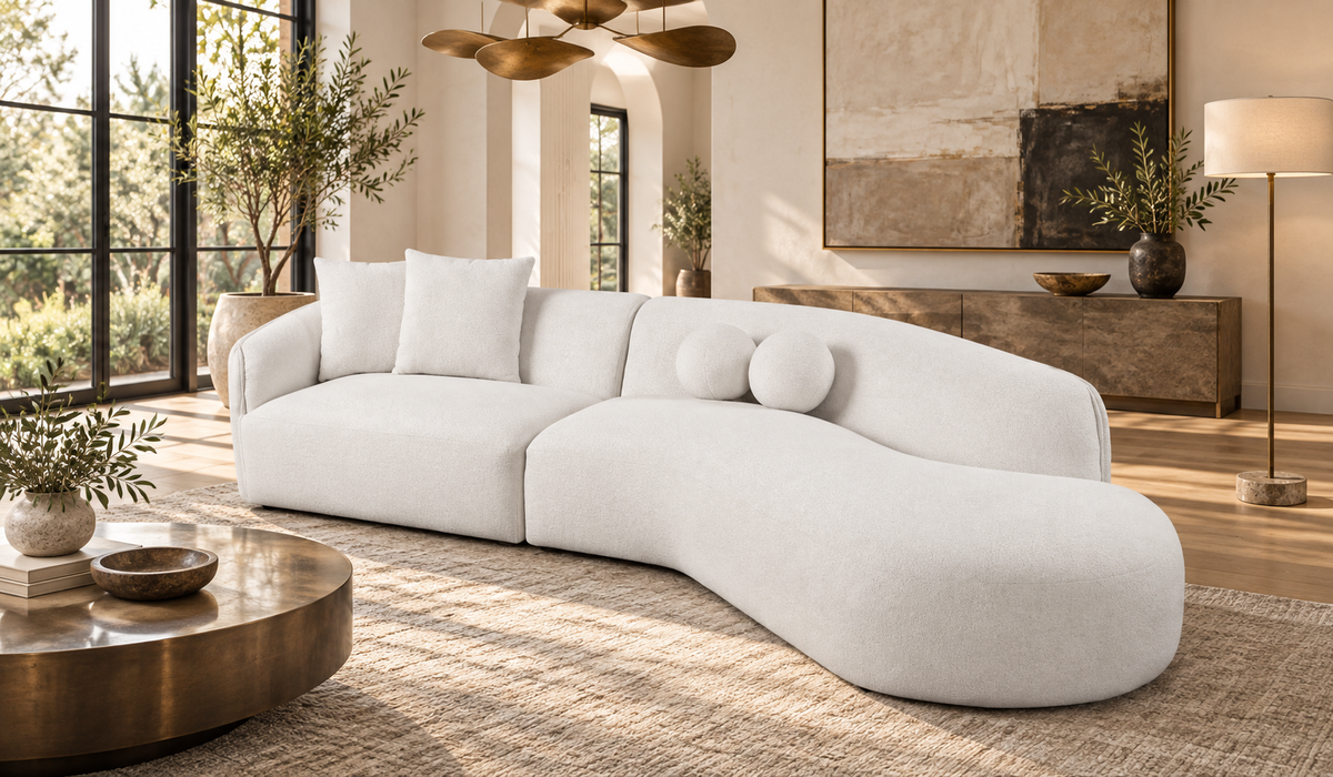Modern Beige Bouclé Curved Sectional Sofa with Chaise