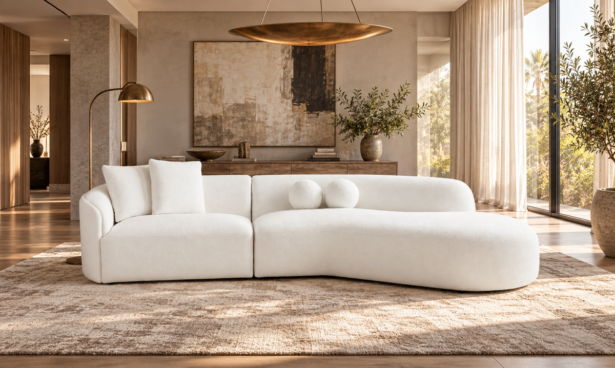 Modern Beige Bouclé Curved Sectional Sofa with Chaise