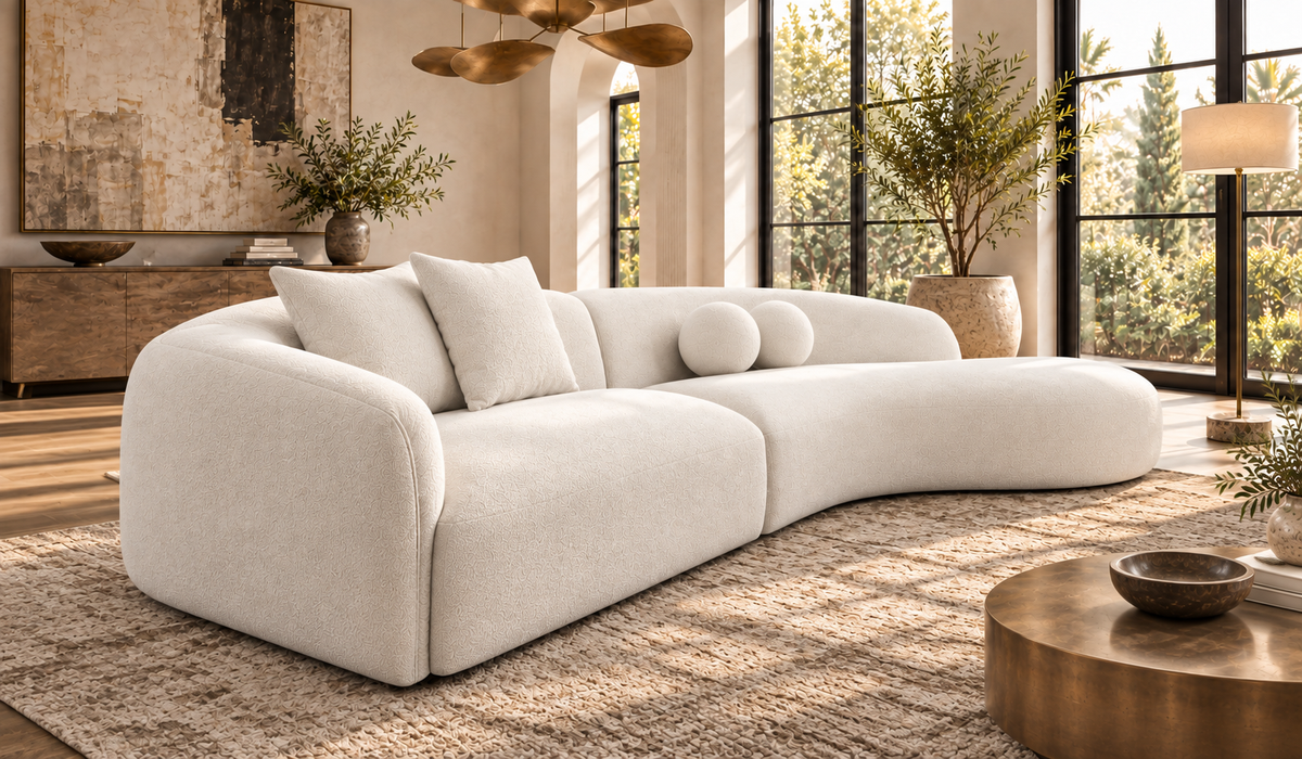 Modern Beige Bouclé Curved Sectional Sofa with Chaise