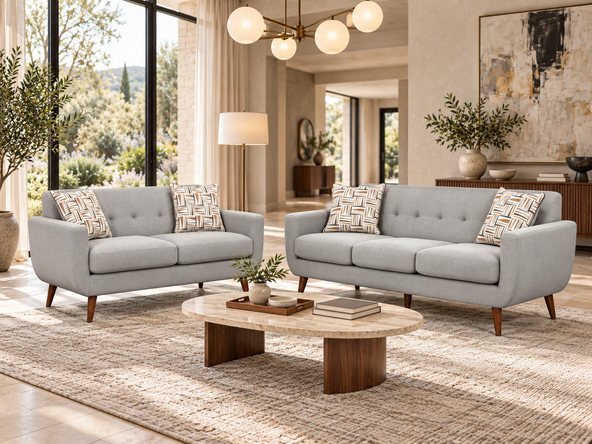Gray 2-Piece Sofa & Loveseat Set with Tufted Backs & Wood Legs