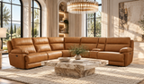 Contemporary Light Brown 6-Piece Top-Grain Leather Power Reclining Sectional with Power Headrests & Console