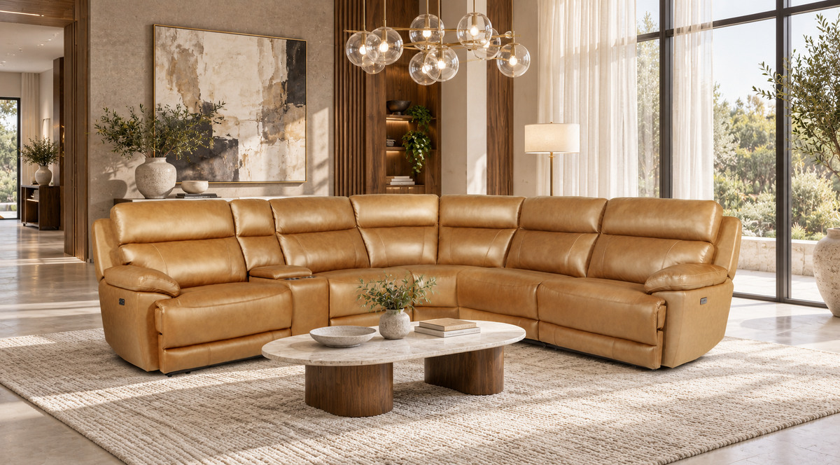 Contemporary Light Brown 6-Piece Top-Grain Leather Power Reclining Sectional with Power Headrests & Console