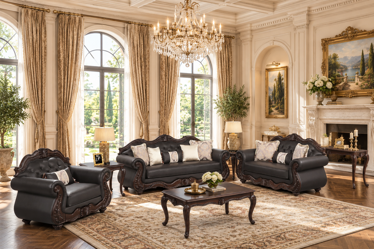 Traditional Dark Brown 3-Piece Living Room Set with Button Tufting, Rolled Arms & Ornate Scrollwork