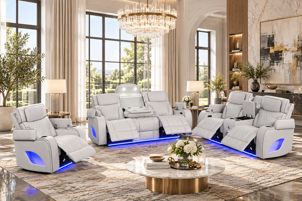 Modern Ice Grey 3-Piece Power Reclining Set w/ Power Headrests, LED Lighting, Wireless Charging, Bluetooth Speakers + USB Ports