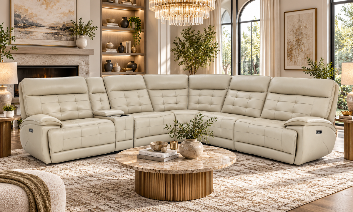 Beige Power Reclining Sectional with Top Grain Leather Seating