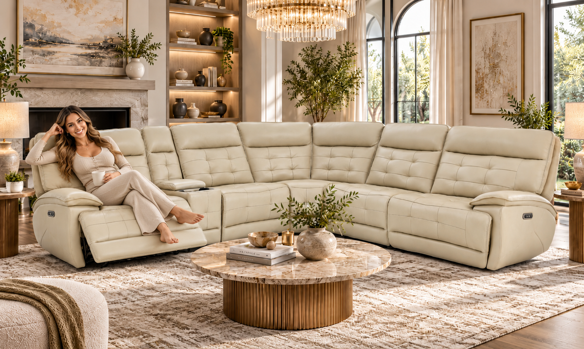 Beige Power Reclining Sectional with Top Grain Leather Seating