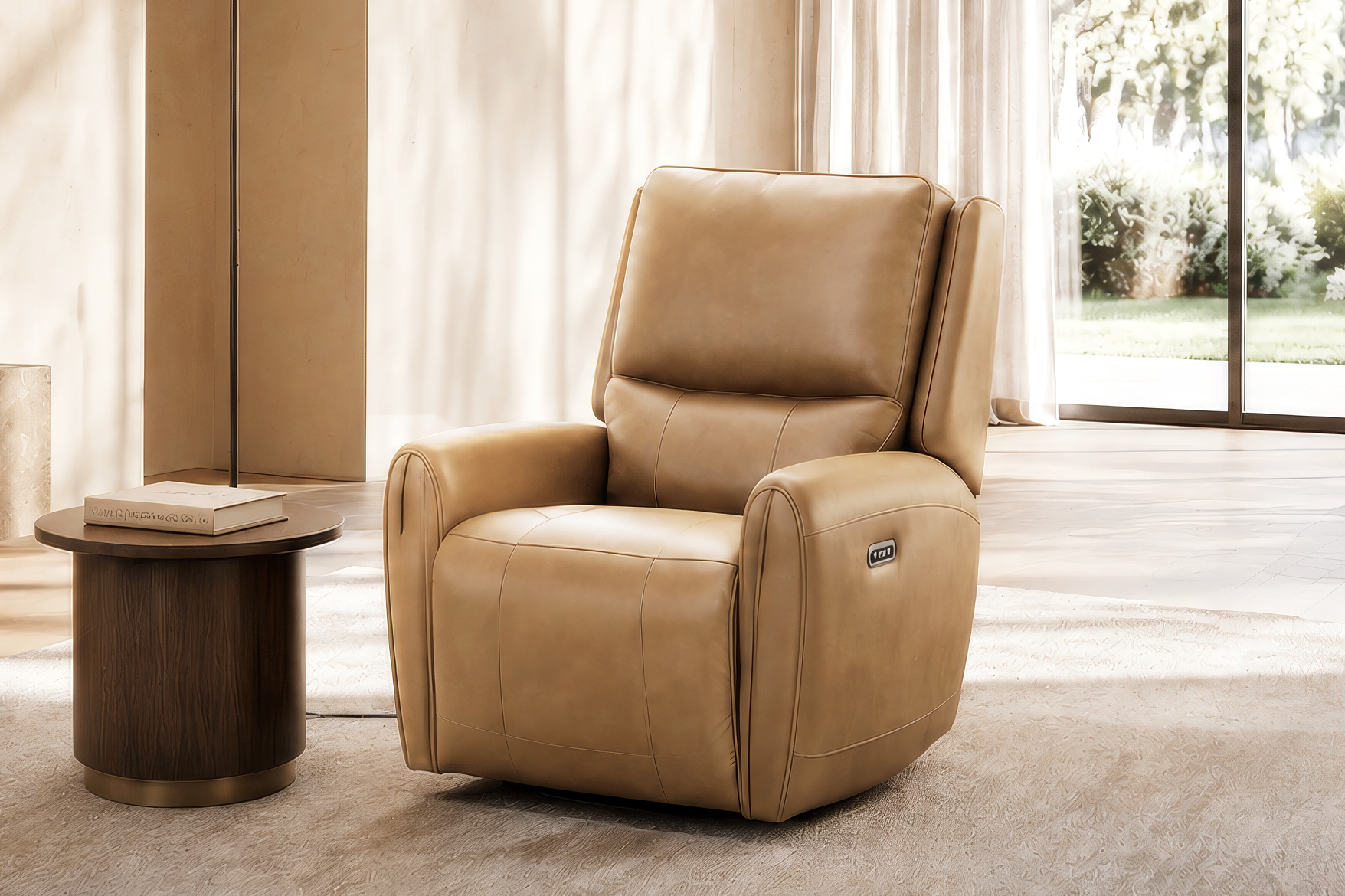 Brown Top-Grain Leather Power Swivel Glider Recliner with Power Headrest