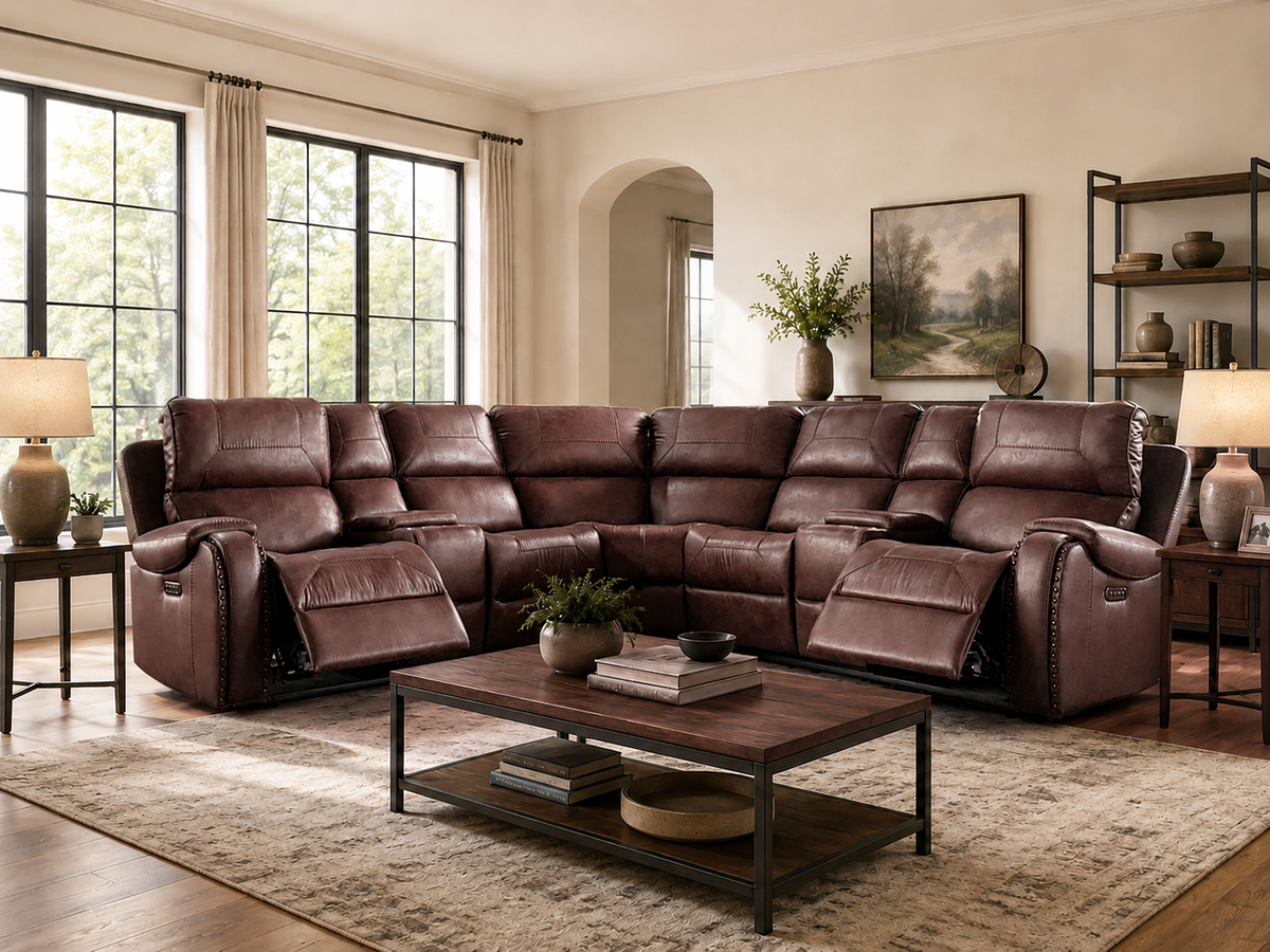 Dark Brown Power Reclining Sectional with Nailhead Trim & Wireless Charging