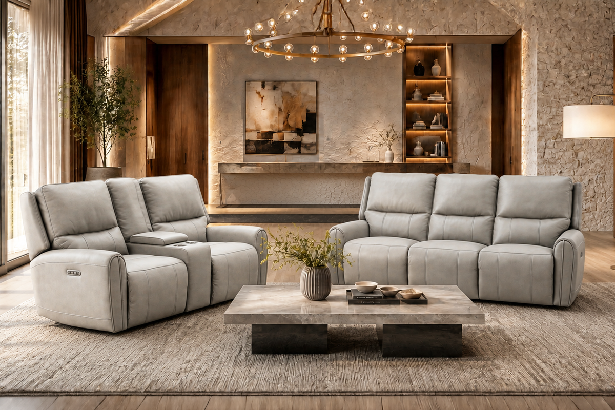 Gray Top‑Grain Leather 2‑Piece Dual‑Power Reclining Sofa & Loveseat Set