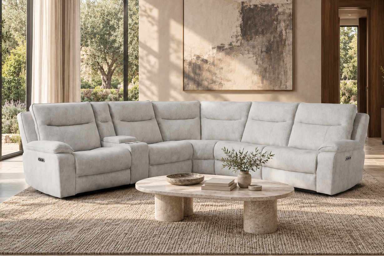 Cloud Ash Grey 6-Piece Fabric Power Reclining Sectional with Console