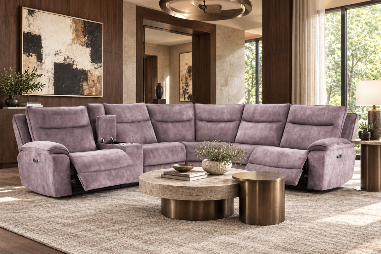 Chocolate Modern 6-Piece Polyester Fabric Power Reclining Sectional with Console