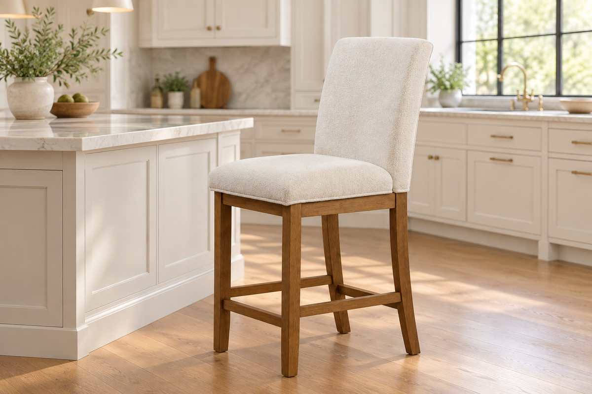 Beige Upholstered Bar Stool with High Back, Light Brown Wood Frame & Footrest