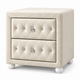 Cream Velvet 2-Drawer Nightstand with Diamond Tufting & Crystal-Look Knobs