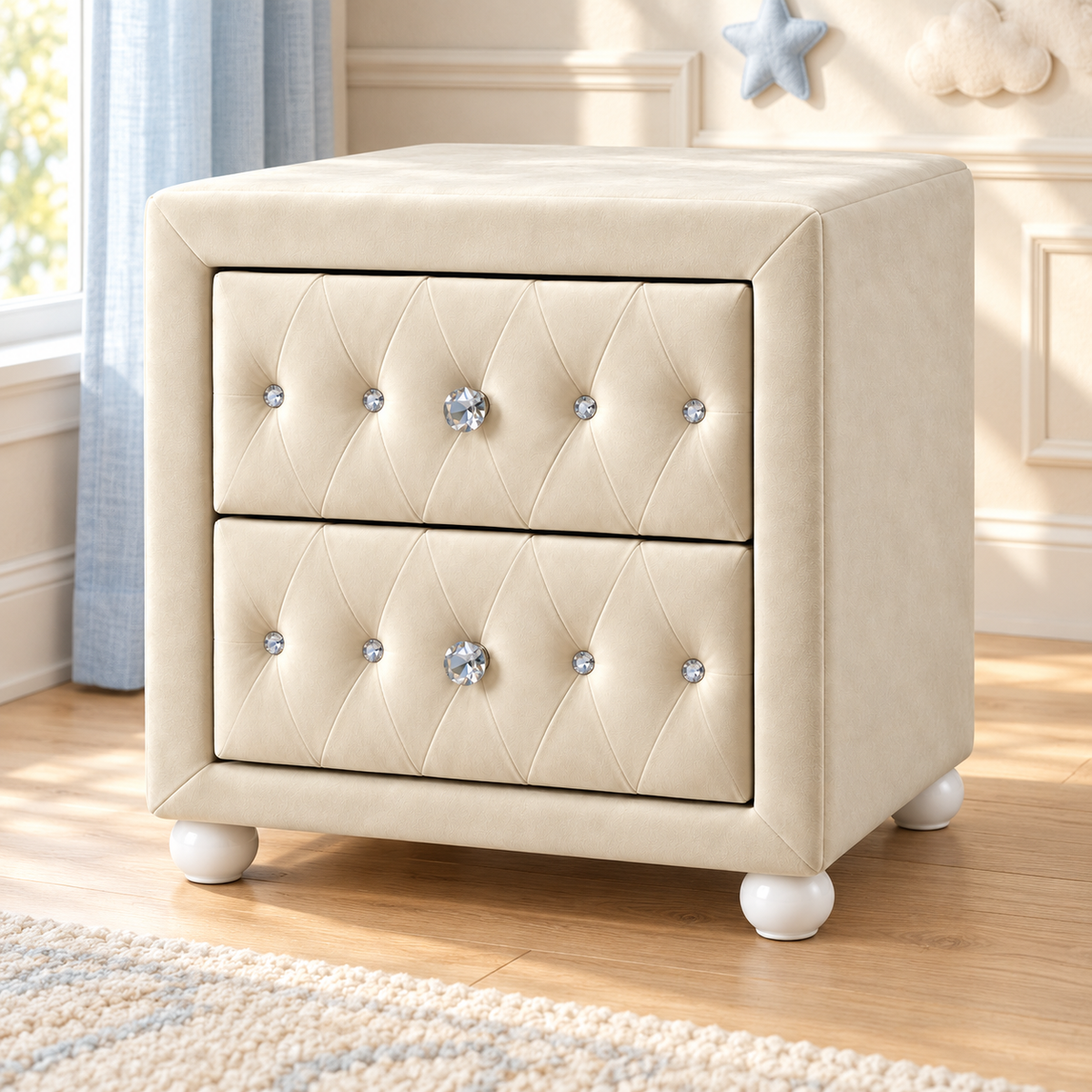 Cream Velvet 2-Drawer Nightstand with Diamond Tufting & Crystal-Look Knobs
