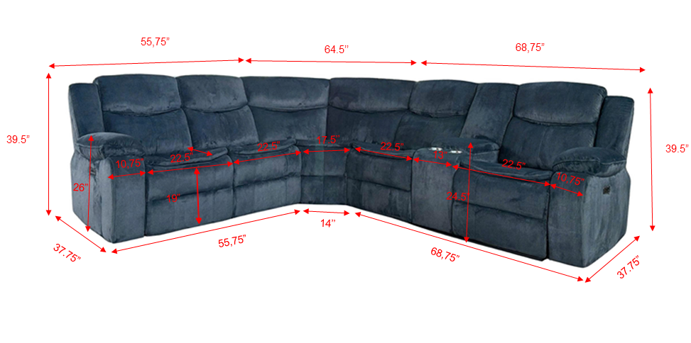 Contemporary Charcoal Gray 3-Piece Power Reclining Sectional with Storage Console