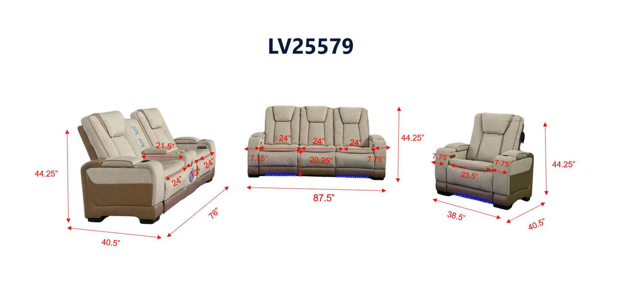 Lumina 3-Piece Light Beige Triple Power Reclining Living Room Set with Audio, Wireless Charging & LED Lights