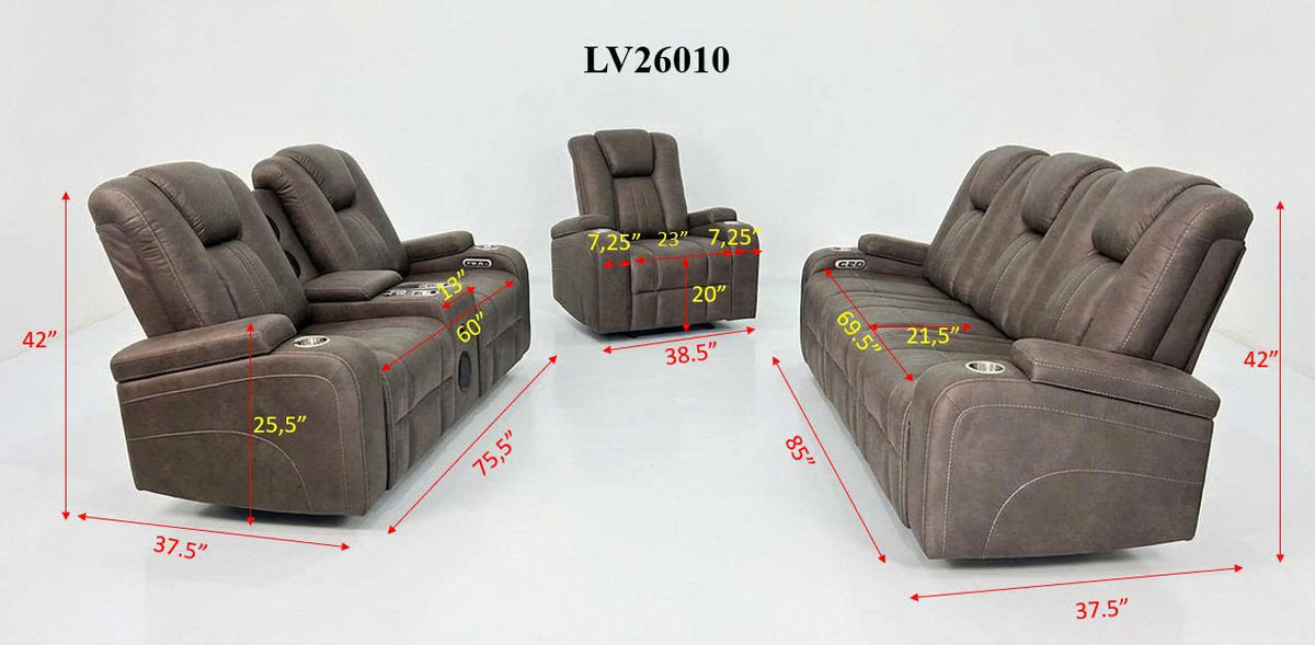 Gray 3-Piece Power Reclining Living Room Set with Power Headrests, LED Lights & Speakers