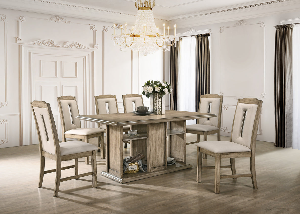 Transitional White Oak 7-Piece Dining Set with Storage Base & Beige Chairs