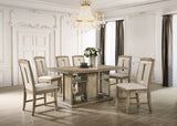 Transitional White Oak 7-Piece Dining Set with Storage Base & Beige Chairs