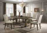 Traditional Brown Oak Rectangular Trestle 7 Piece Dining Set with Light Gray Tufted Chairs
