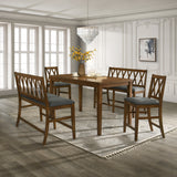 5-Piece Counter Height Dining Set with Bench and Grey Cushioned Seats