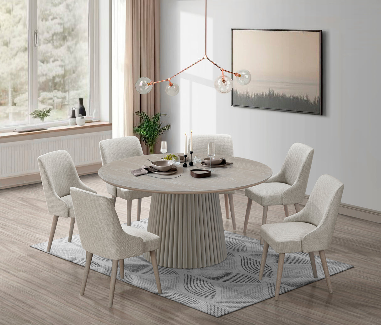 Modern Sunbleached 7-Piece 59-Inch Round Fluted Pedestal Dining Set