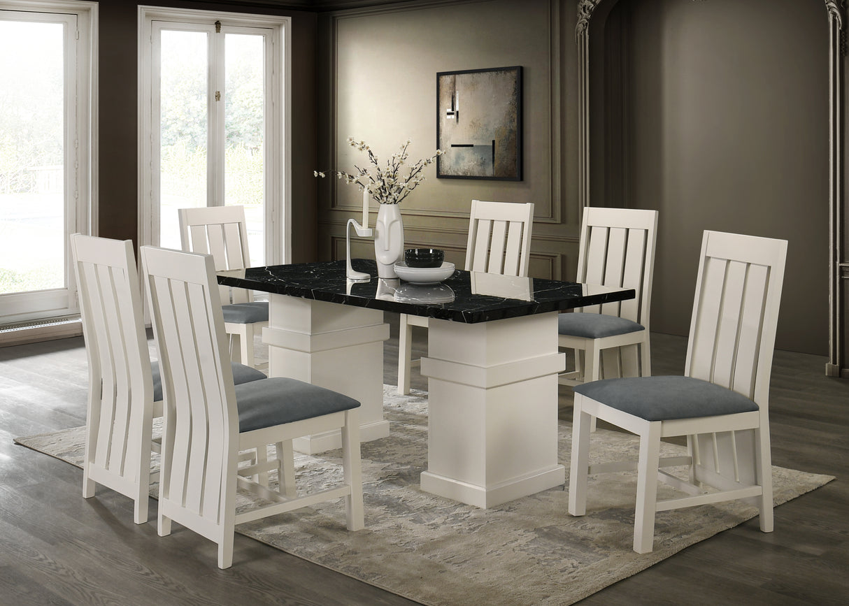 Parisian Elegance 7-Piece Dining Set with Black Faux Marble Top and White Pedestal Base