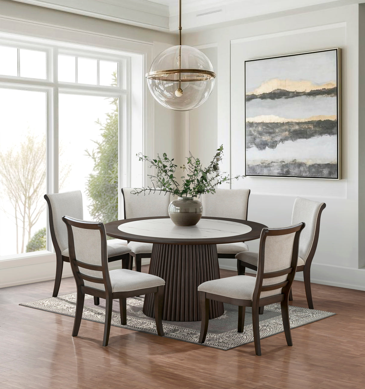 7 Piece Round Dining Table Set – Dark Walnut & Faux Marble