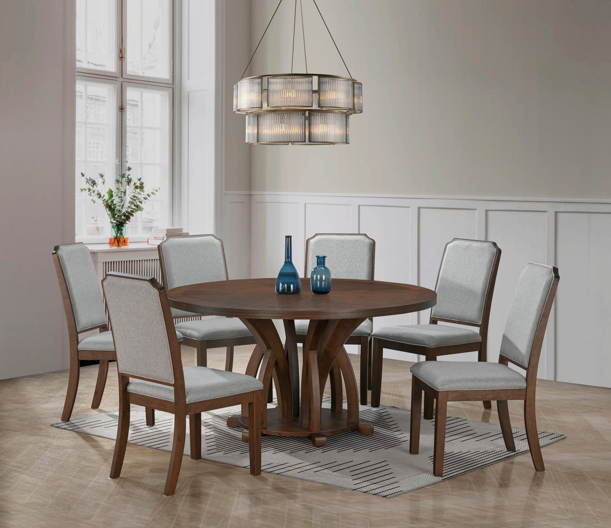 7-Piece Walnut Round Dining Set with Upholstered Side Chairs