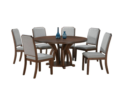 7-Piece Walnut Round Dining Set with Upholstered Side Chairs