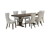 Rustic Brown 7-Piece Trestle Dining Set with Tufted Pearl Chairs