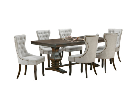 Rustic Brown 7-Piece Trestle Dining Set with Tufted Pearl Chairs