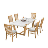 Light Brown 7-Piece Dining Set with Faux-Marble Top & Natural Oak Chairs