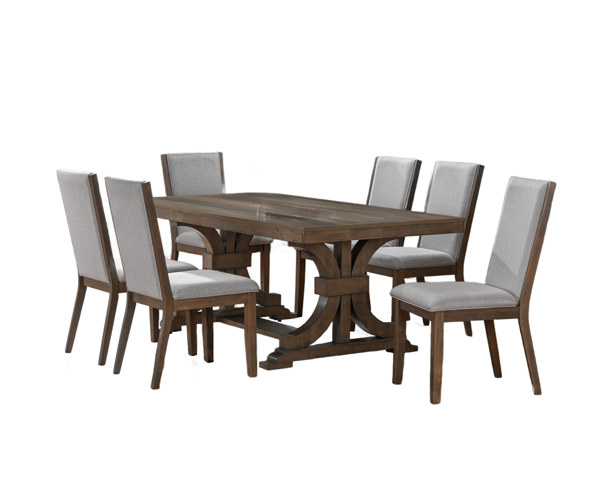 Transitional Antique Gray Rectangular Double Pedestal Trestle Dining Set with 6 Bone Upholstered Chairs