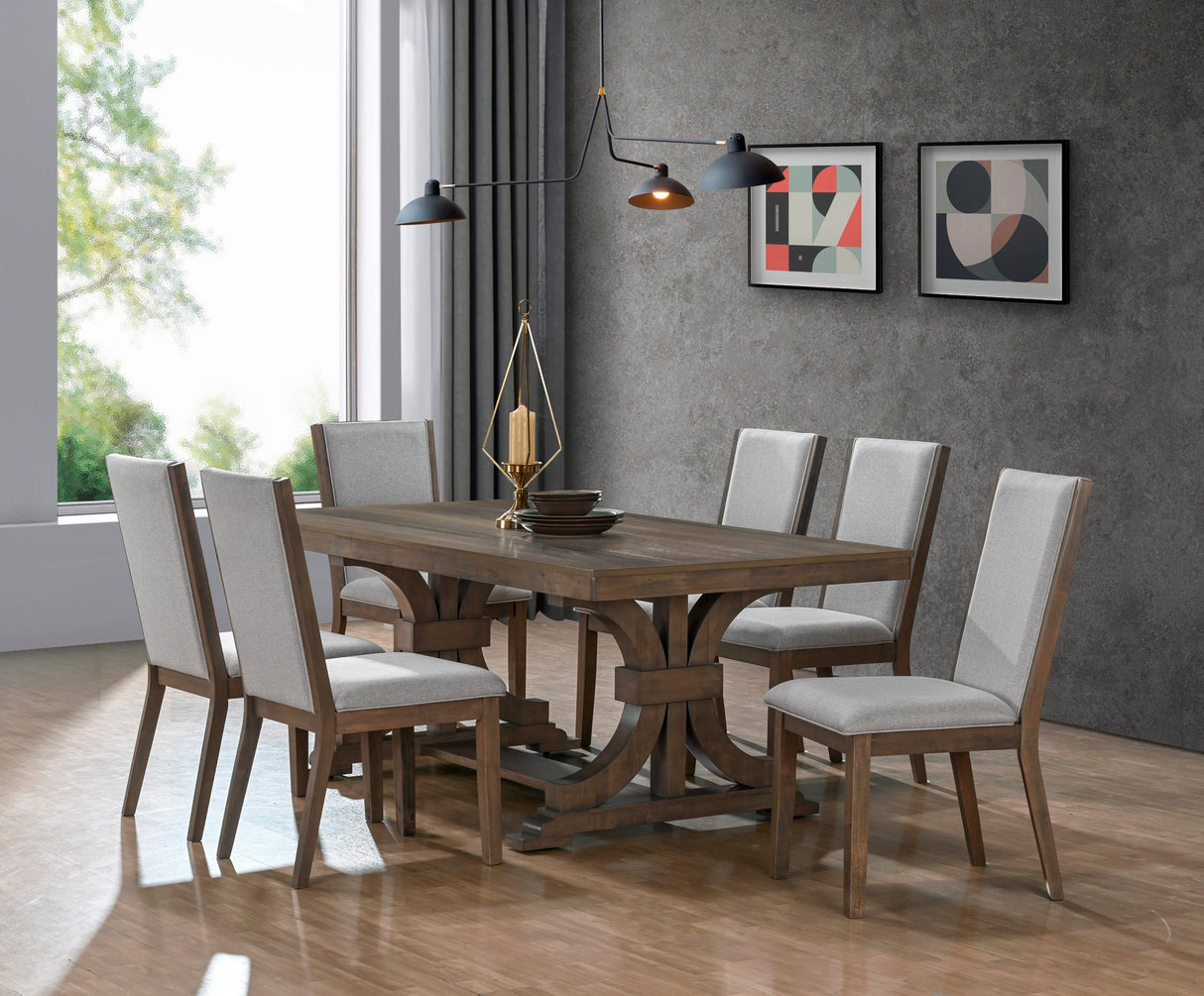 Transitional Antique Gray Rectangular Double Pedestal Trestle Dining Set with 6 Bone Upholstered Chairs