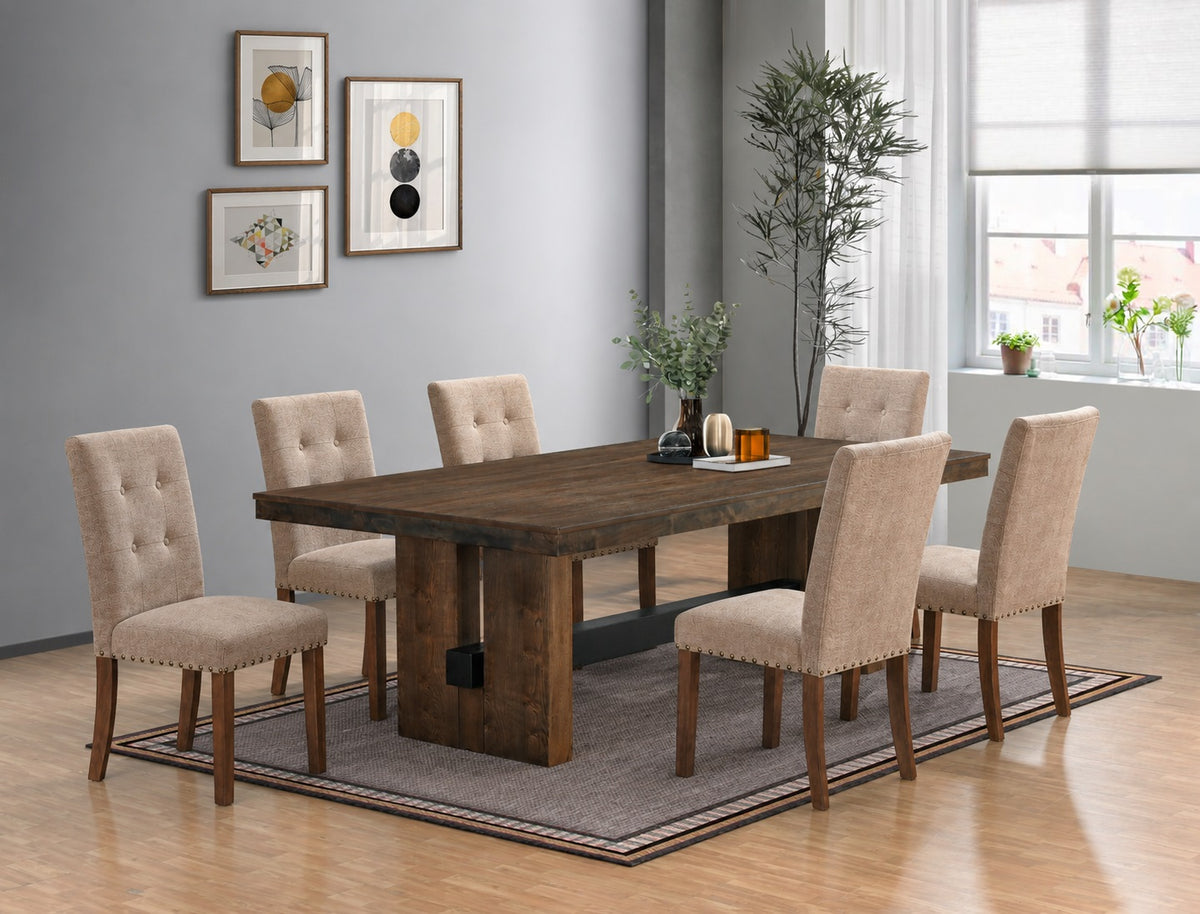 Rustic Brown Ash Veneer 7-Piece Trestle Dining Set with Fossil Beige Tufted Chairs