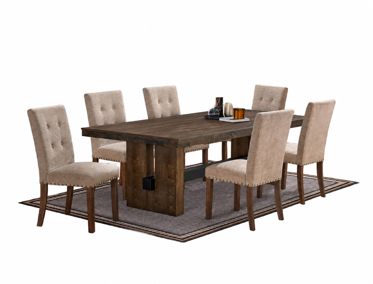 Rustic Brown Ash Veneer 7-Piece Trestle Dining Set with Fossil Beige Tufted Chairs