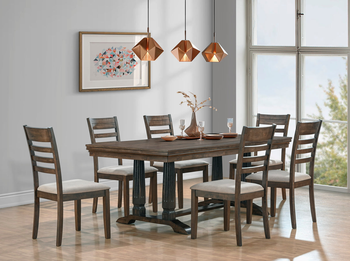 Rustic Brown 7-Piece Dining Room Set with Latte Upholstered Chairs