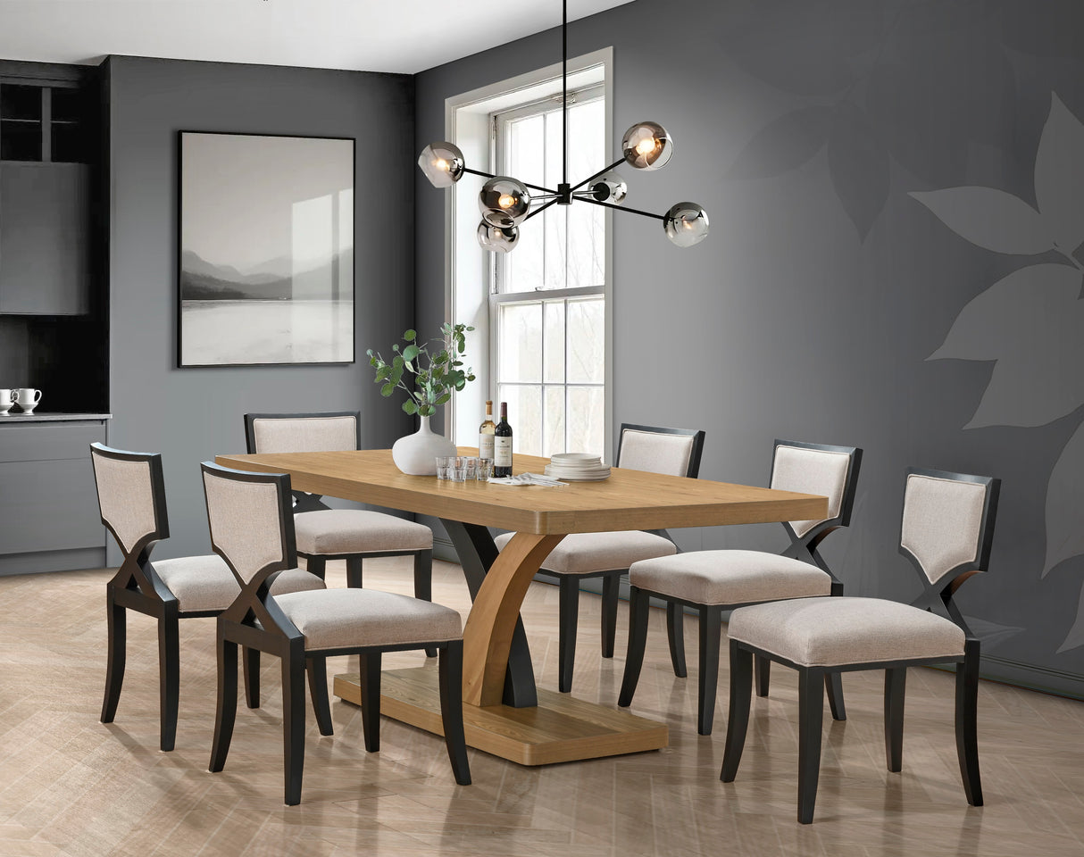 Lenore 7-Piece Two-Tone Dining Set with Sculptural Oak & Black Pedestal Table and Upholstered X-Back Chairs