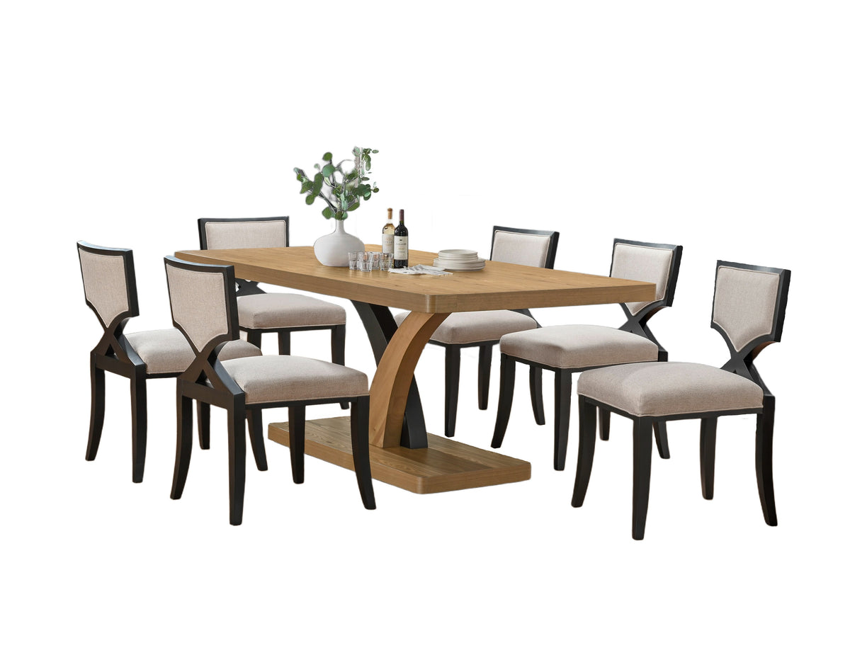 Lenore 7-Piece Two-Tone Dining Set with Sculptural Oak & Black Pedestal Table and Upholstered X-Back Chairs