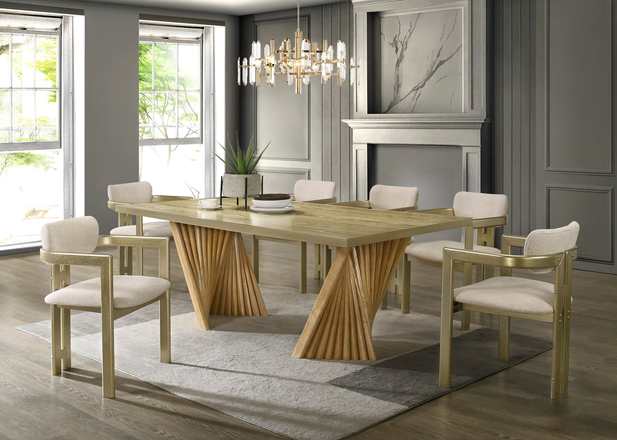 Gold & Natural Modern Sculptural Pedestal Dining Room Set with Upholstered Chairs