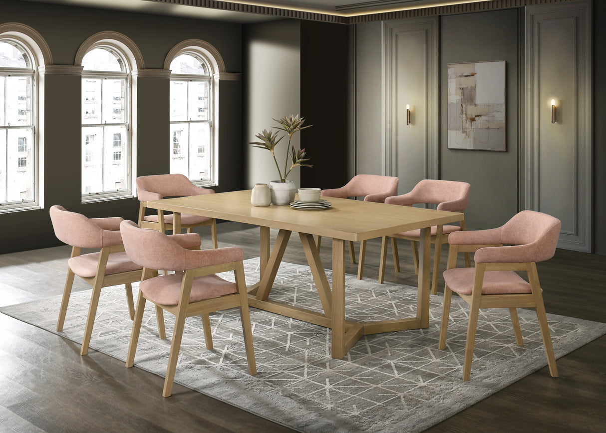Oak Contemporary 7-Piece Dining Set with Rose Pink Upholstered Chairs