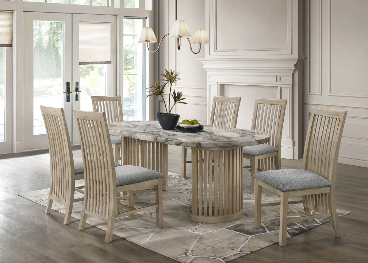Light Natural Wood 7-Piece Oval Faux Marble Dining Table Set with Double Pedestal Base & Upholstered Chairs