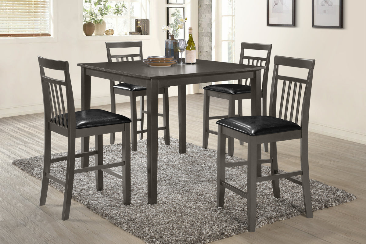 Gray 5-Piece Counter Height Dining Set with Square Table & Black Faux Leather Seats