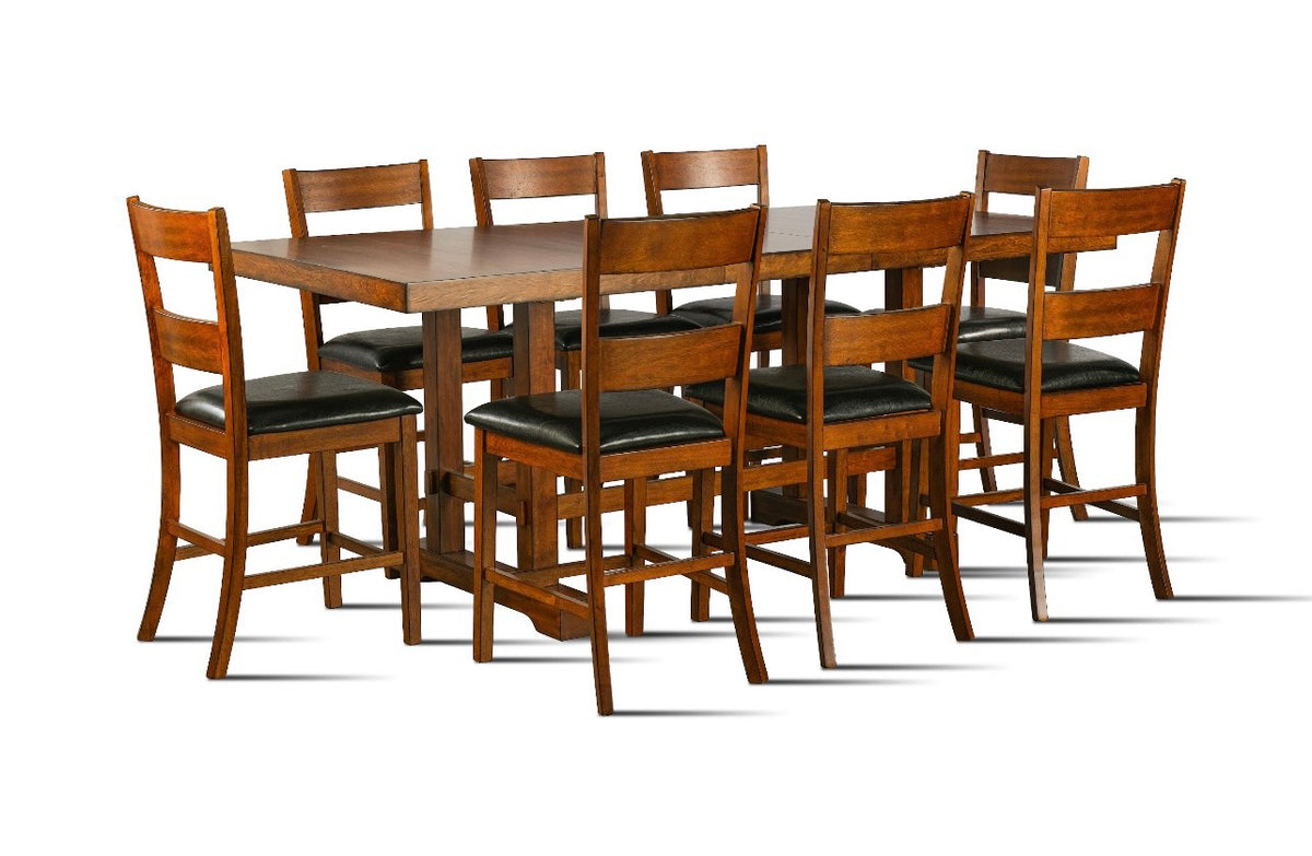 Cherry Brown Rustic 9-Piece Counter Height Dining Set with Extension Table