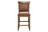 Rustic Counter Height 7-Piece Dining Set in Brown with Storage Pedestal Table and 6 Nailhead Upholstered Pub Chairs