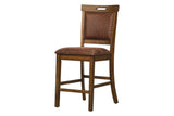Rustic Counter Height 7-Piece Dining Set in Brown with Storage Pedestal Table and 6 Nailhead Upholstered Pub Chairs
