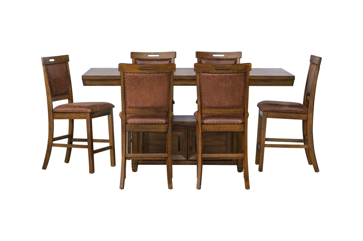 Rustic Counter Height 7-Piece Dining Set in Brown with Storage Pedestal Table and 6 Nailhead Upholstered Pub Chairs
