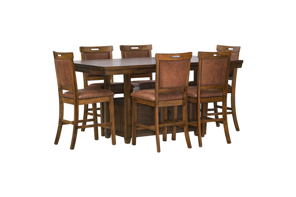 Rustic Counter Height 7-Piece Dining Set in Brown with Storage Pedestal Table and 6 Nailhead Upholstered Pub Chairs